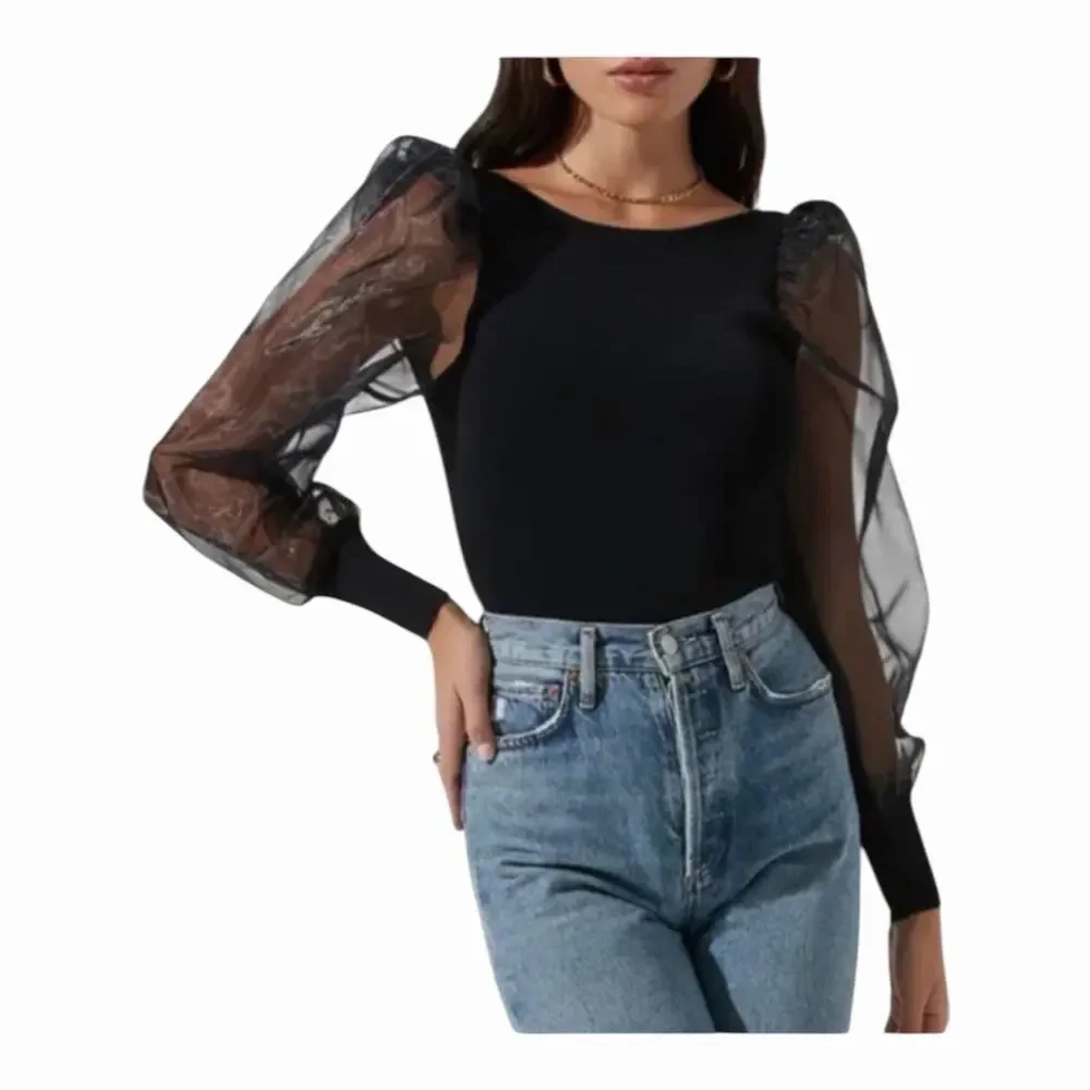 ASTR The Label Black Semi-Sheer Organza Sleeve Bodysuit NWT Size Large